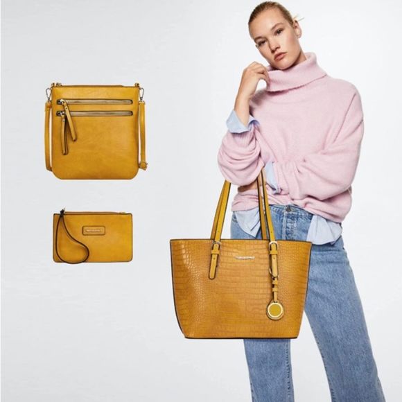 Yellow Montana West Totes Large Purse Shoulder Handbag with Wallet Set 3 … - Picture 5 of 5